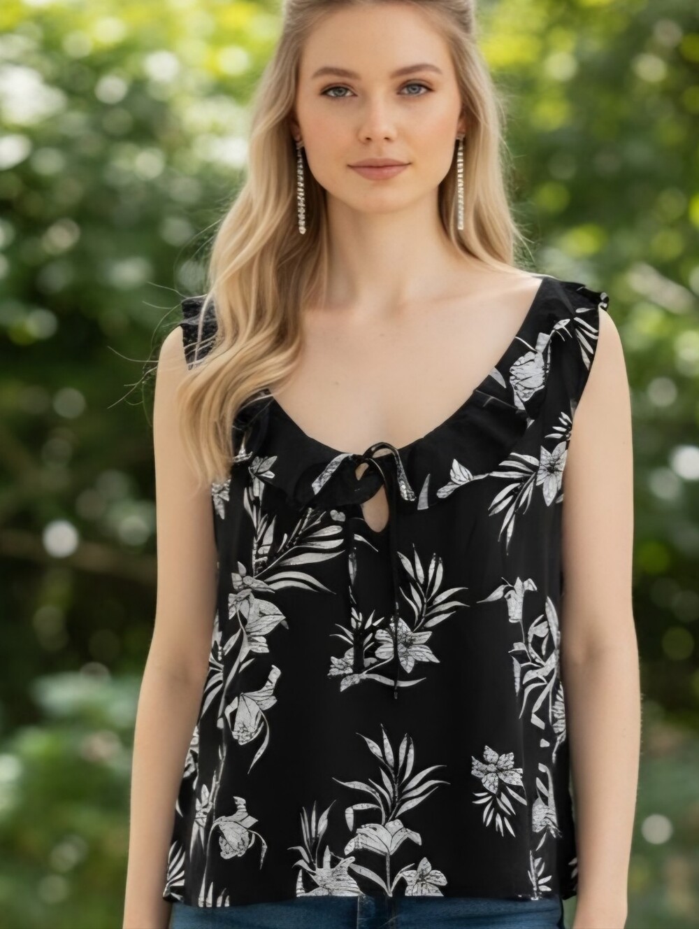 White House Black Market Black Floral Ruffle Tie-Front Camisole